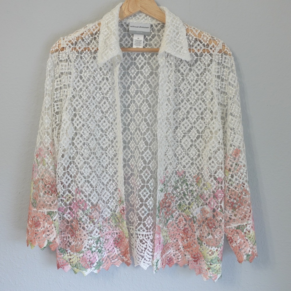 Vintage Lace Crochet Floral Open Cardigan White Pink Boho Cottage Grandmacore PS